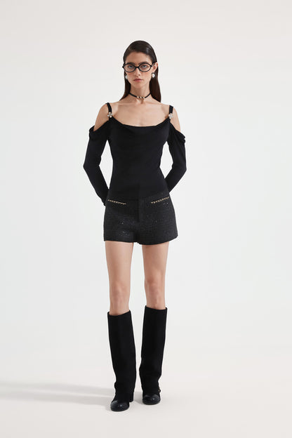 Kingwen Black off shoulder swing collar top