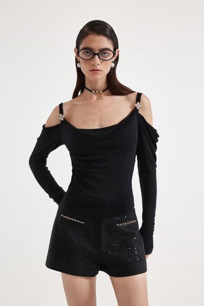 Kingwen Black off shoulder swing collar top