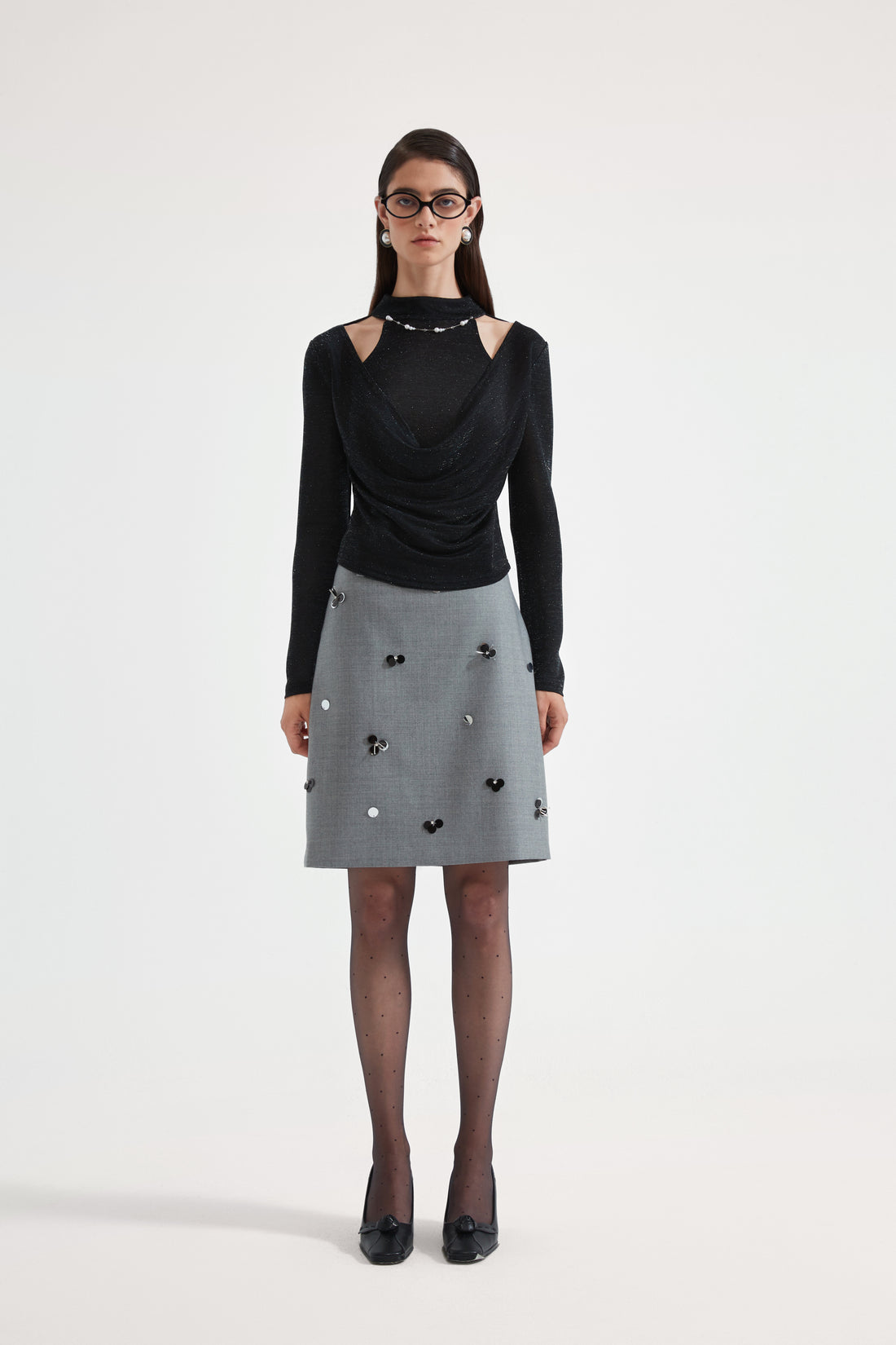 Kingwen Nail bead fake two-piece knitted top + skirt set