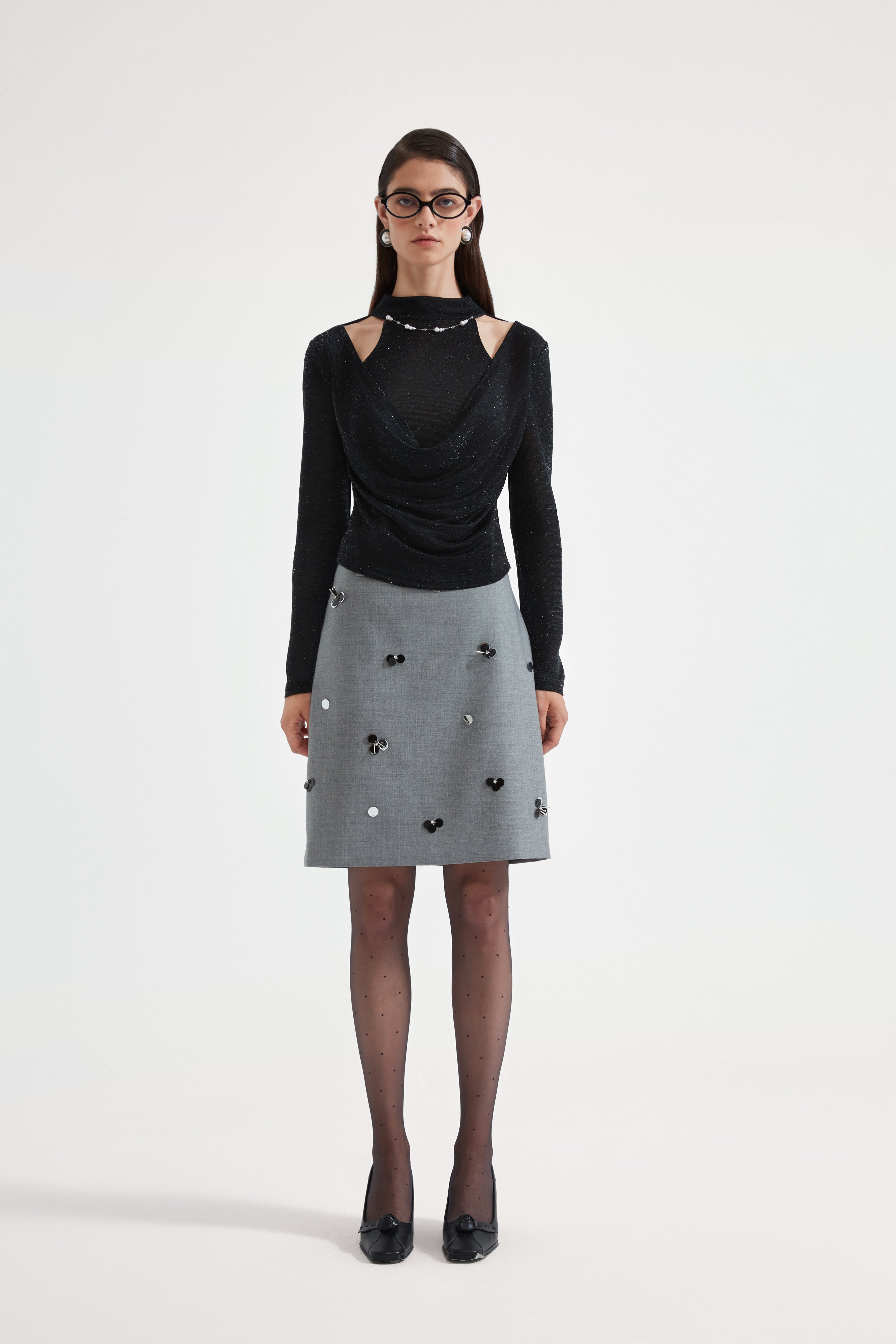Kingwen Nail bead fake two-piece knitted top + skirt set