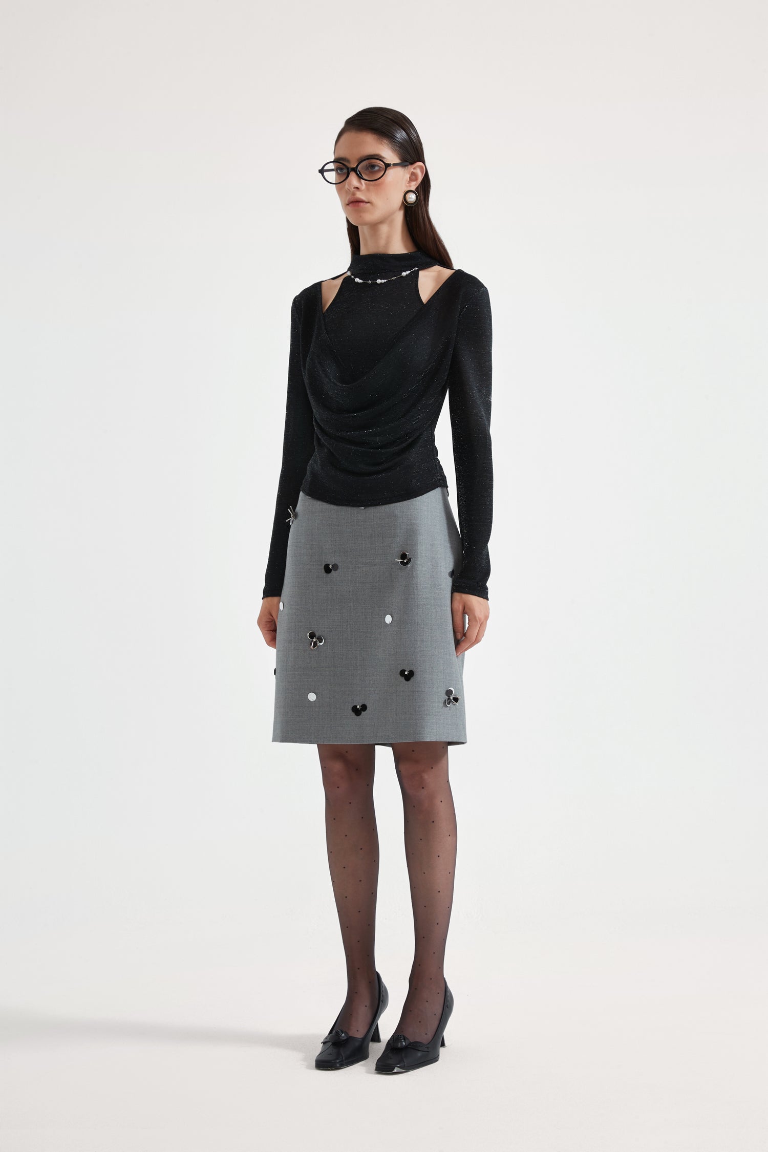 Kingwen Nail bead fake two-piece knitted top + skirt set