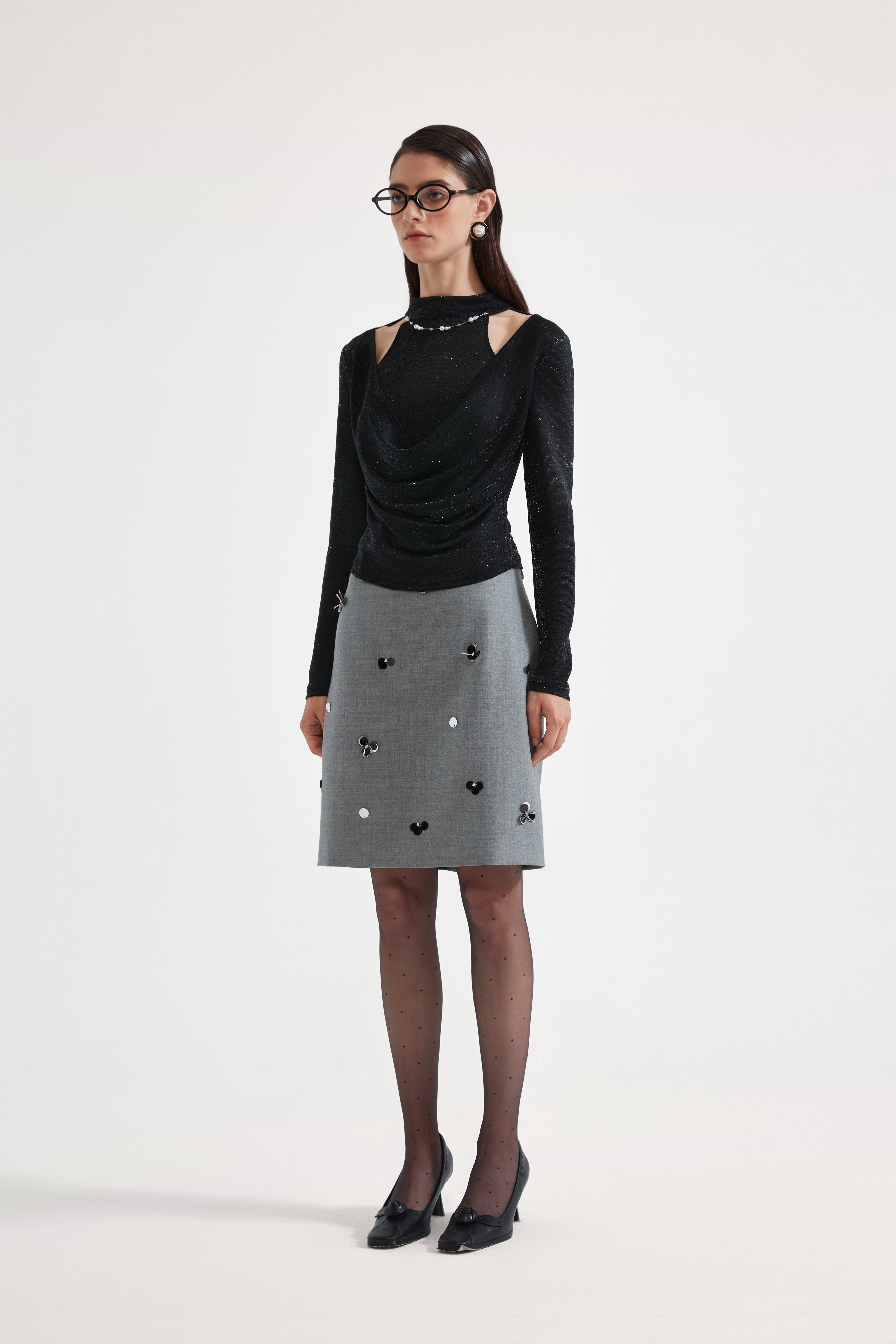 Kingwen Nail bead fake two-piece knitted top + skirt set