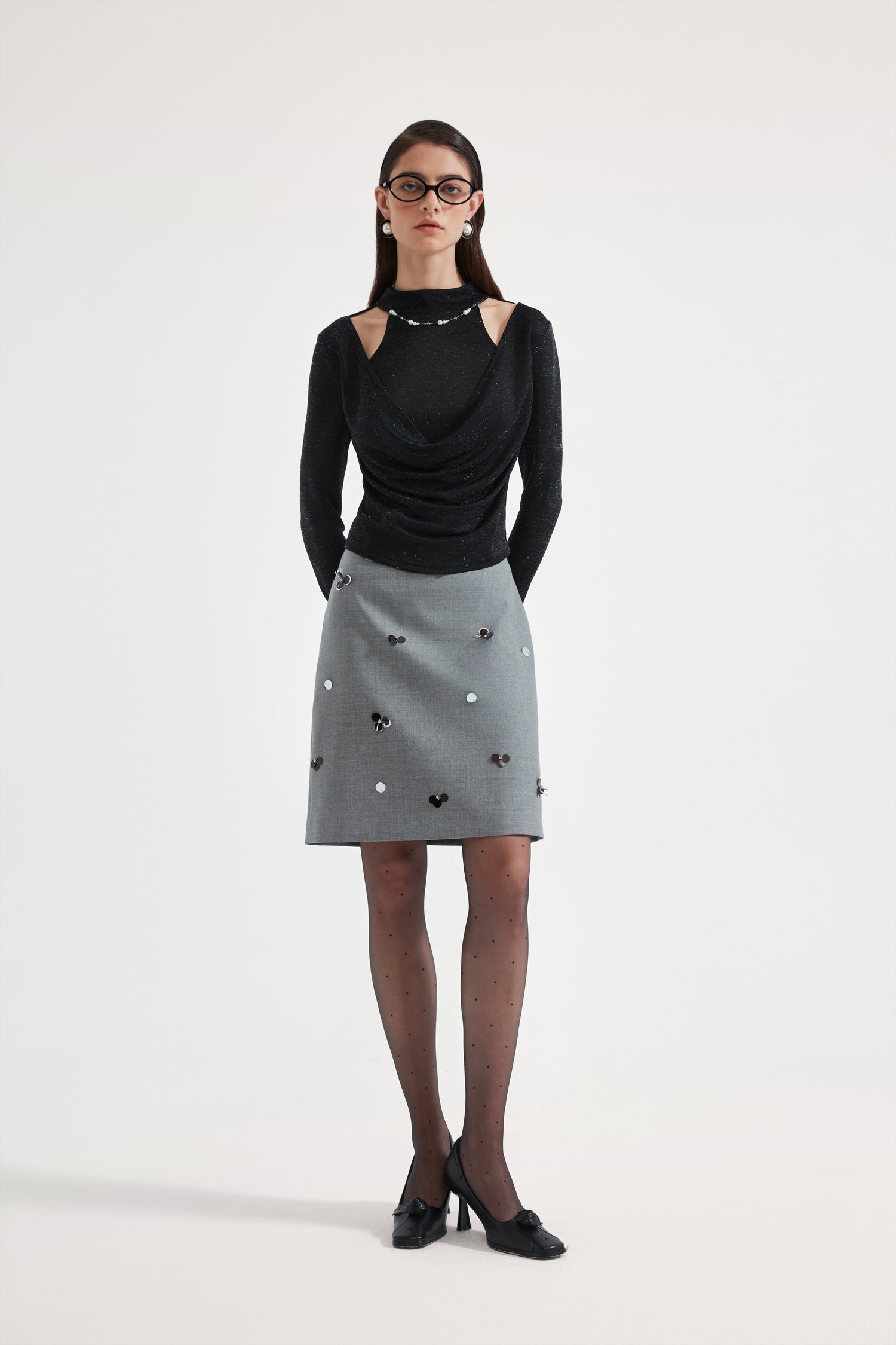 Kingwen Nail bead fake two-piece knitted top + skirt set
