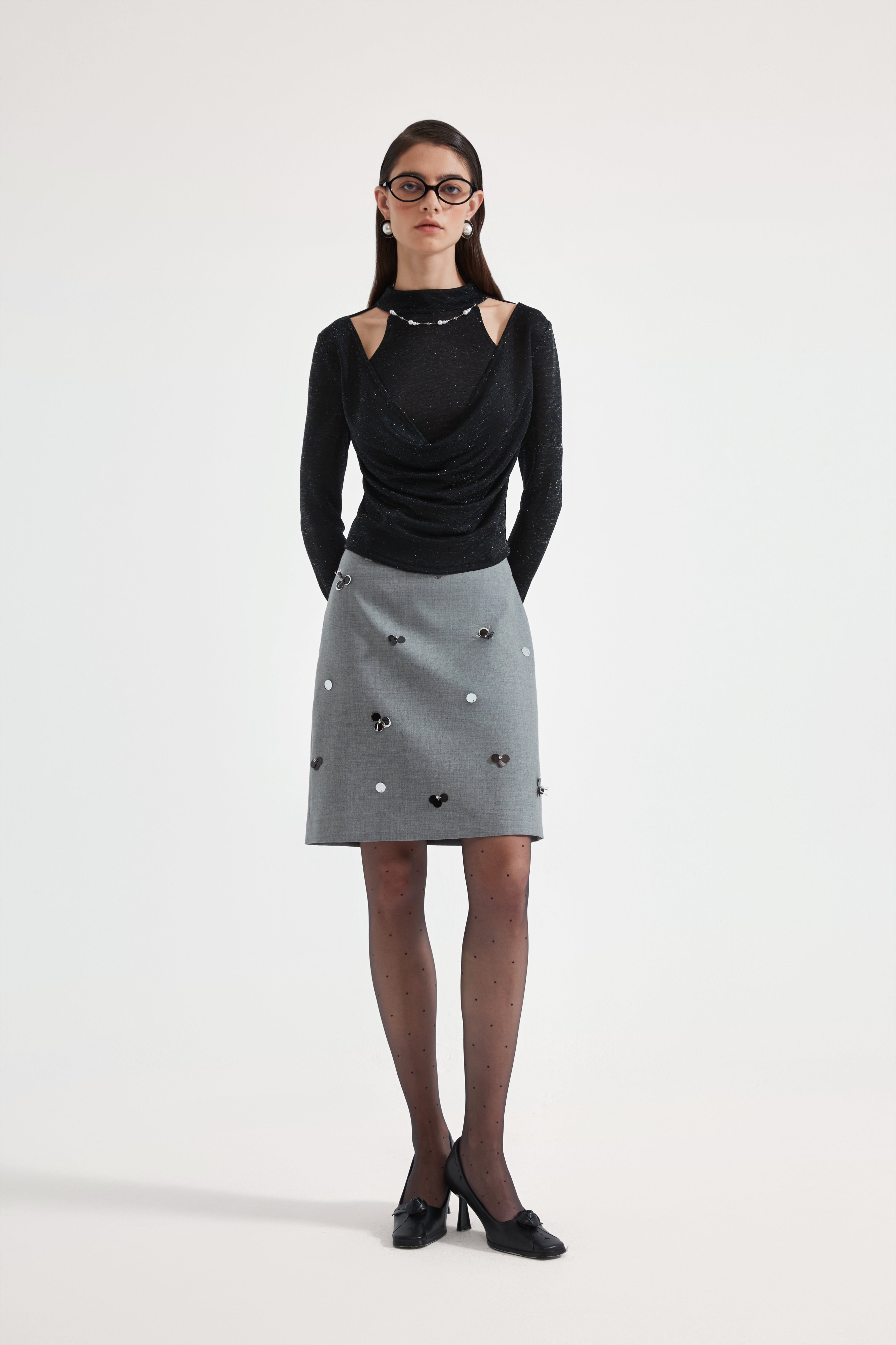 Kingwen Nail bead fake two-piece knitted top + skirt set