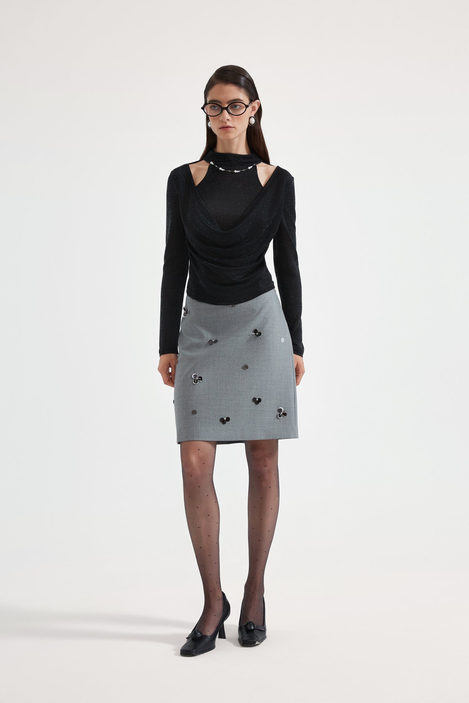 Kingwen Nail bead fake two-piece knitted top + skirt set