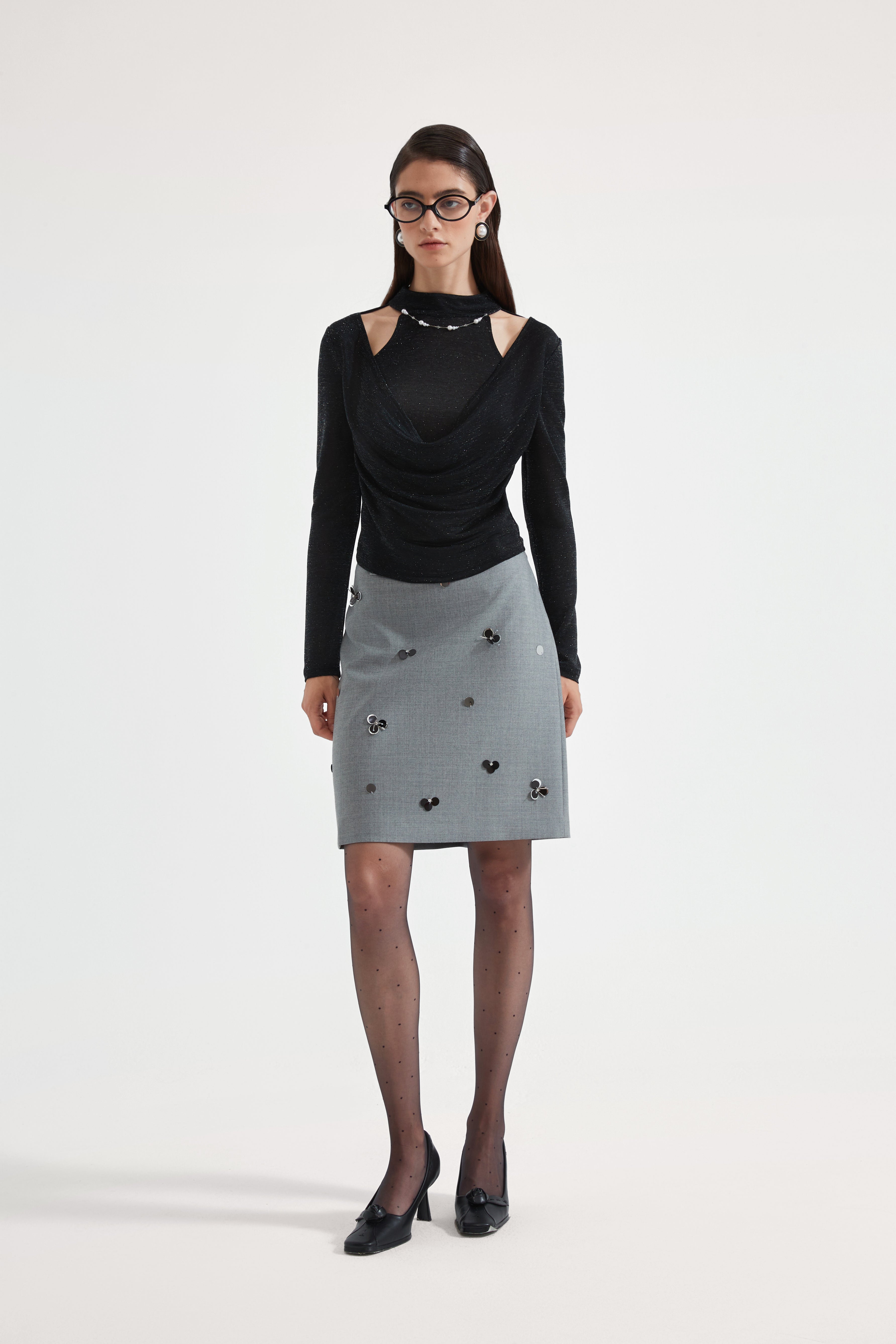 Kingwen Nail bead fake two-piece knitted top + skirt set