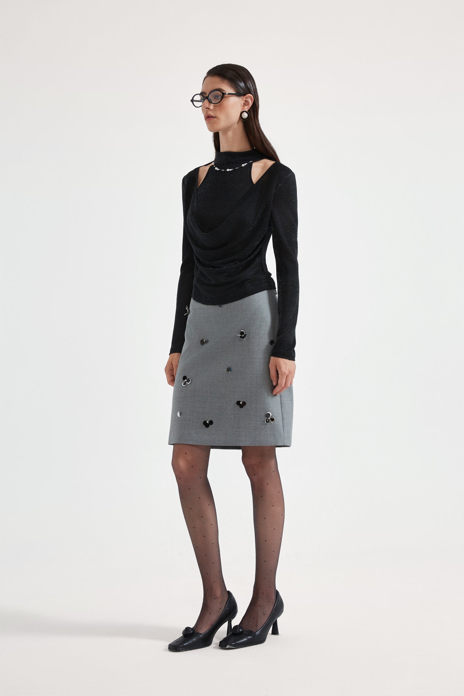 Kingwen Nail bead fake two-piece knitted top + skirt set
