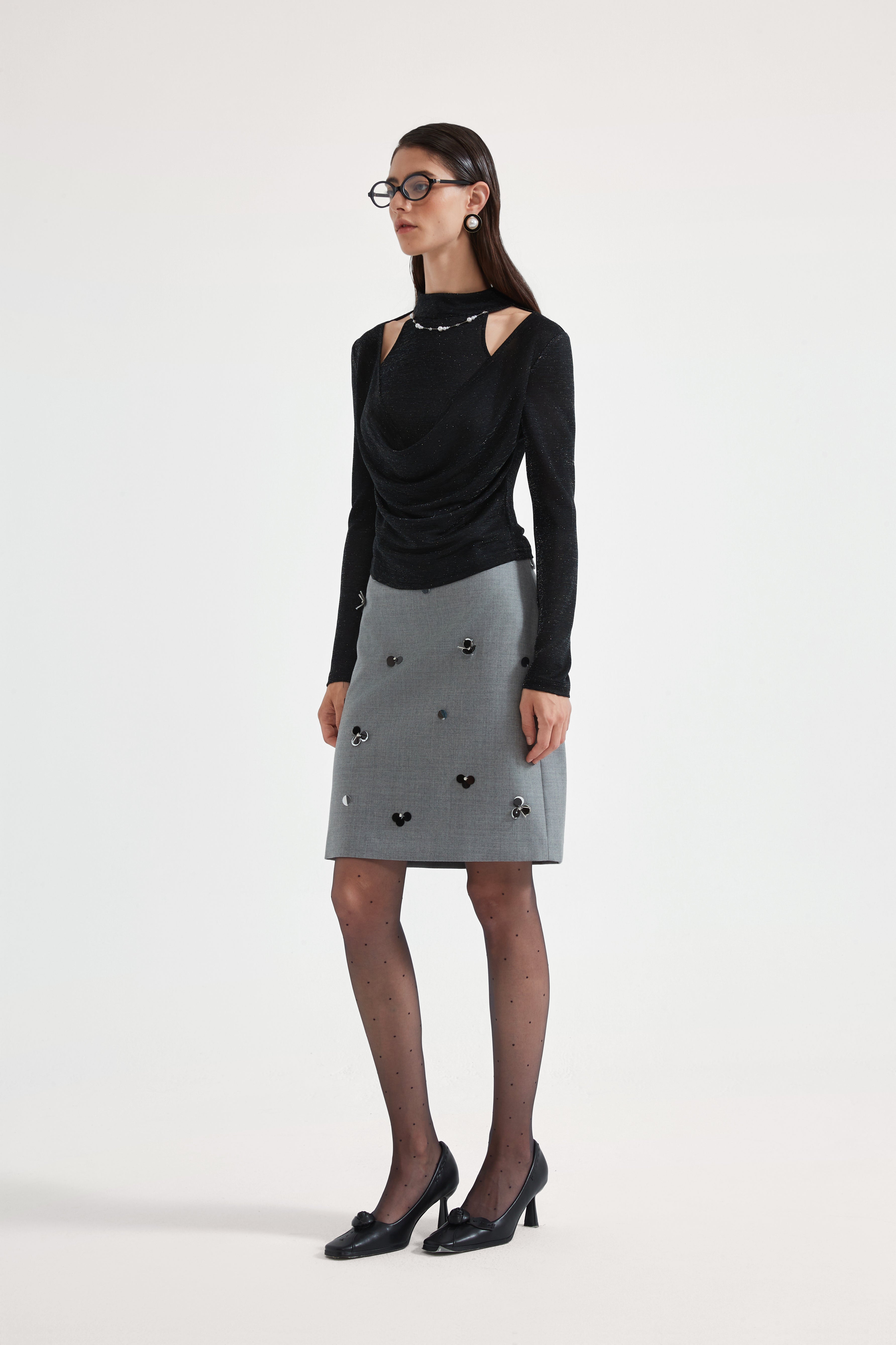 Kingwen Nail bead fake two-piece knitted top + skirt set
