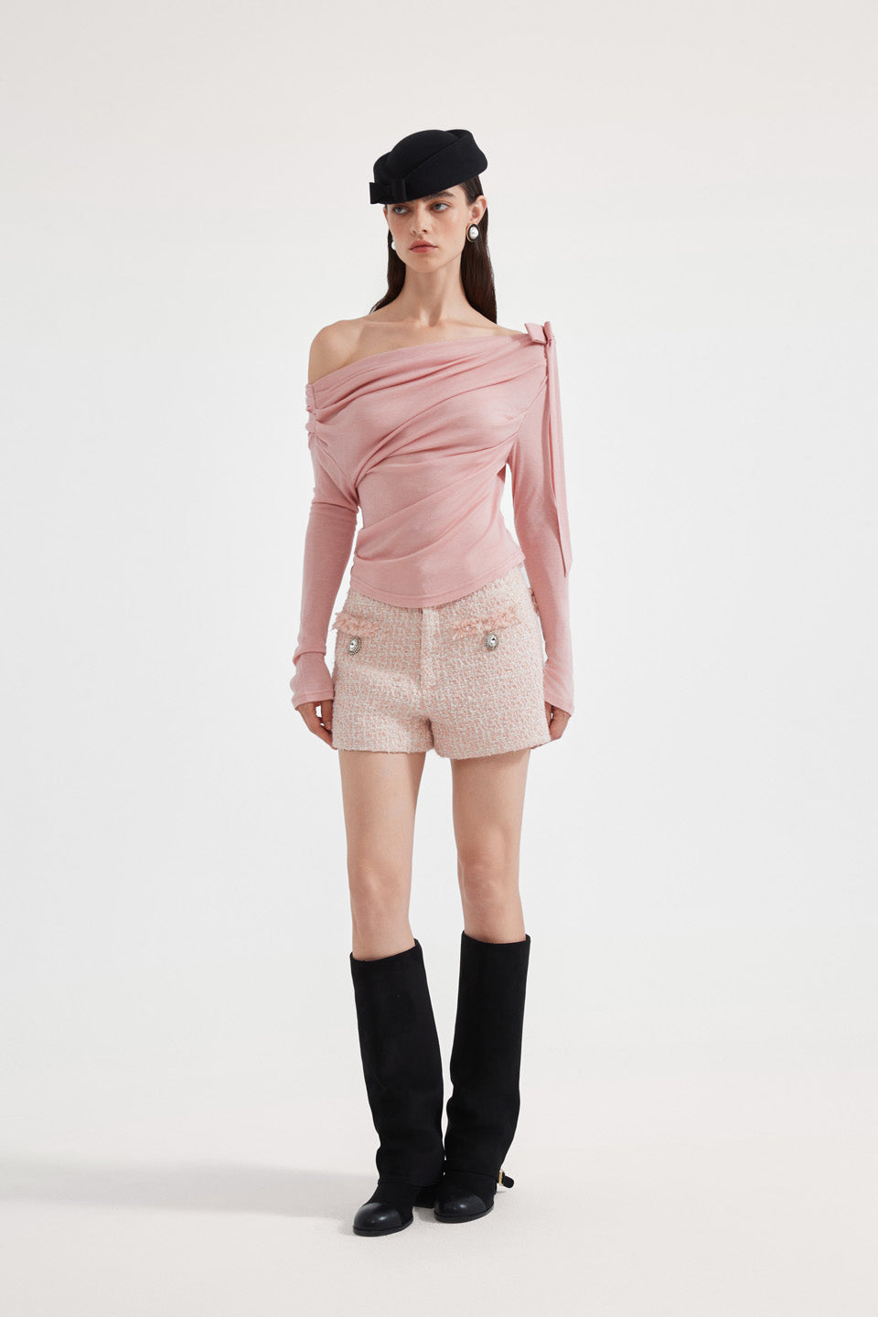Kingwen Pink one shoulder pleated waist cinched top
