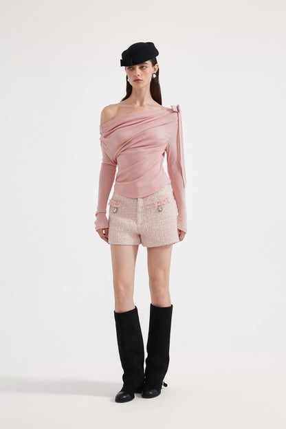 Kingwen Pink one shoulder pleated waist cinched top