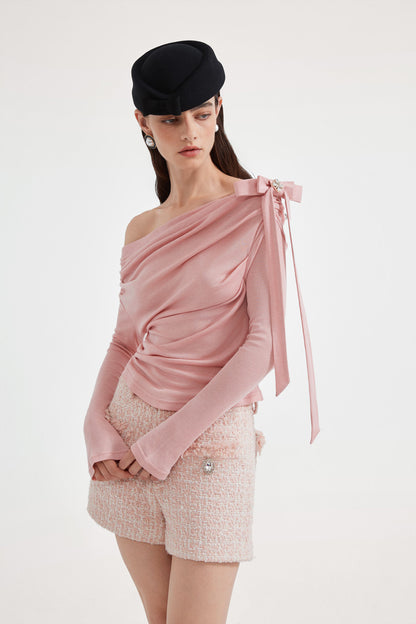 Kingwen Pink one shoulder pleated waist cinched top