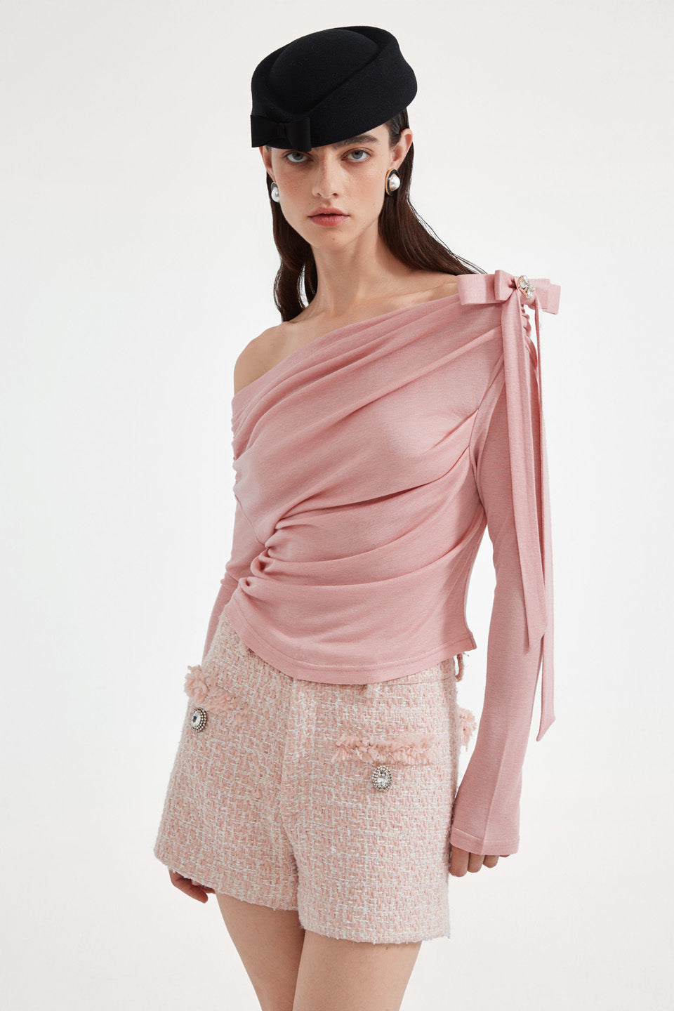 Kingwen Pink one shoulder pleated waist cinched top