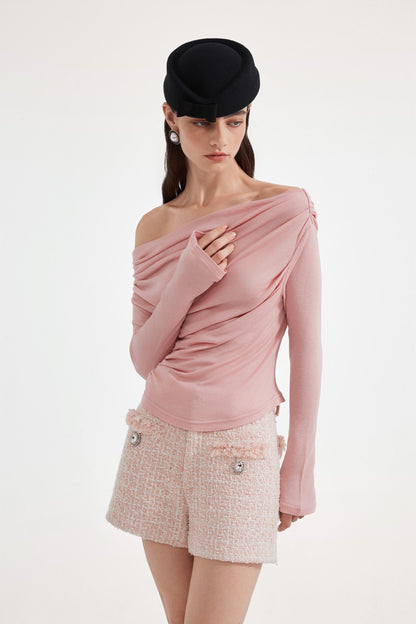 Kingwen Pink one shoulder pleated waist cinched top