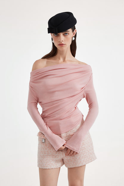 Kingwen Pink one shoulder pleated waist cinched top