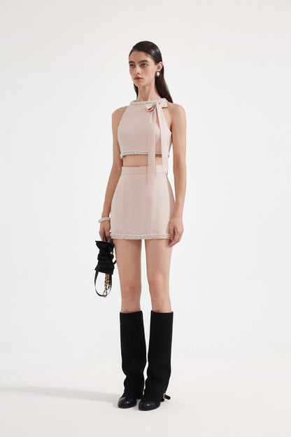Kingwen Pink nail bead hanging neck top + skirt