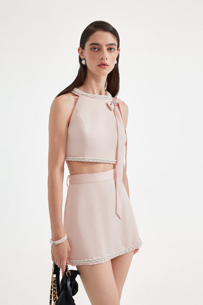 Kingwen Pink nail bead hanging neck top + skirt