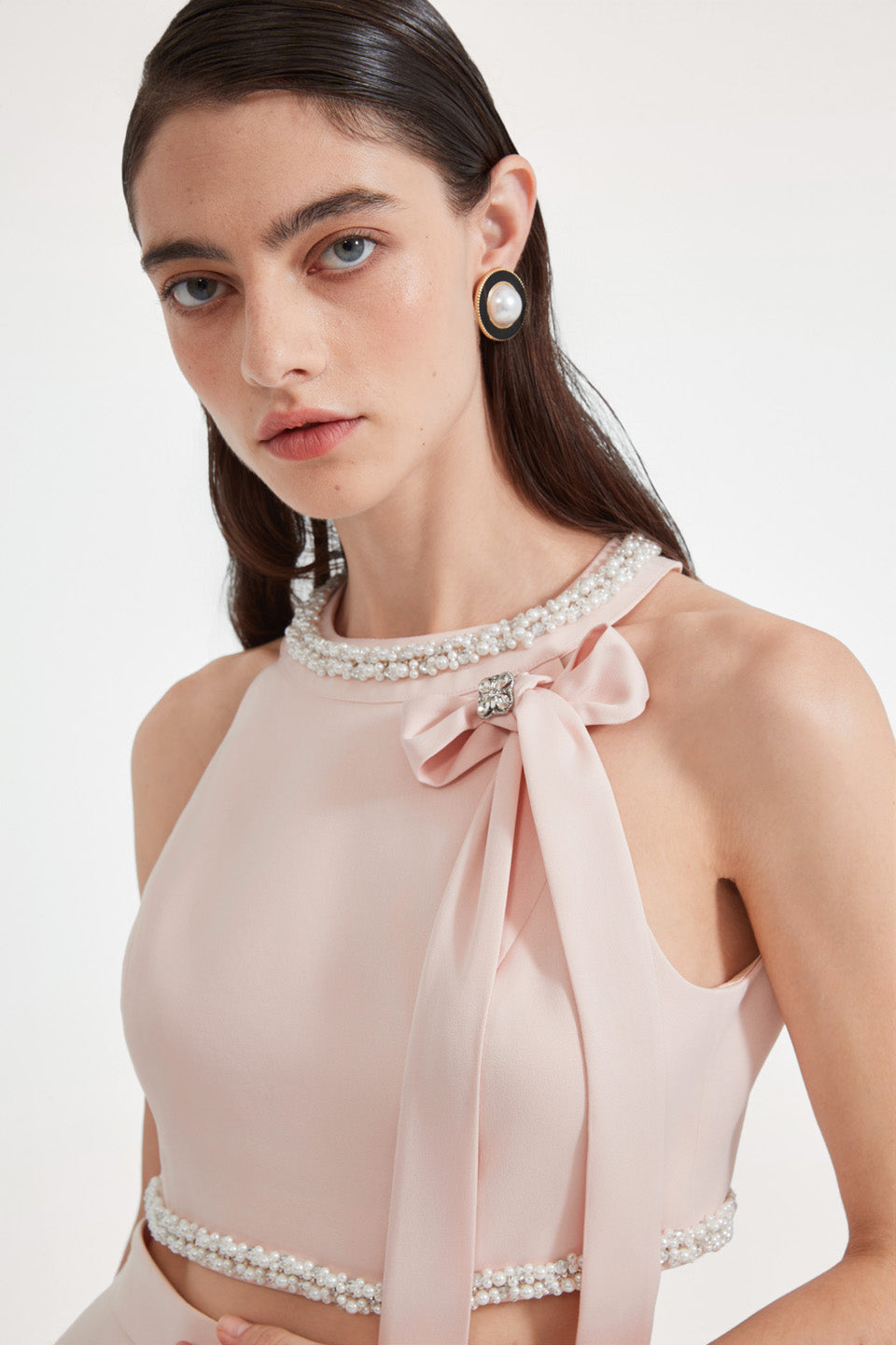 Kingwen Pink nail bead hanging neck top + skirt