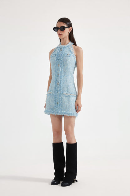Kingwen Halter neck tweed nail bead waist pinching dress