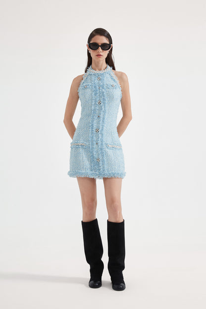 Kingwen Halter neck tweed nail bead waist pinching dress