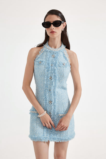 Kingwen Halter neck tweed nail bead waist pinching dress