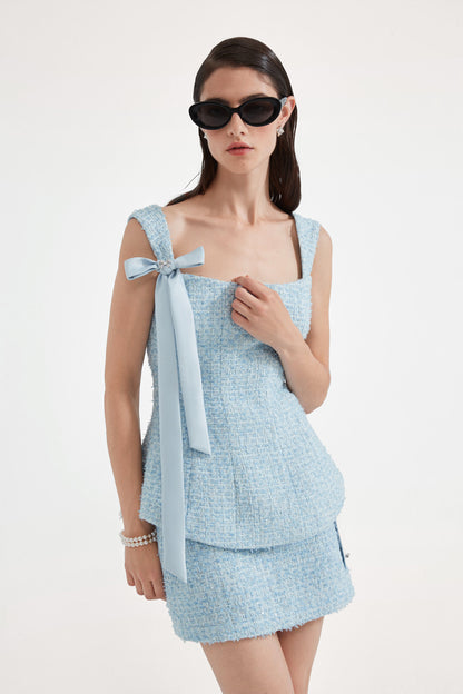 Kingwen Bow ribbon sleeveless top + skirt set