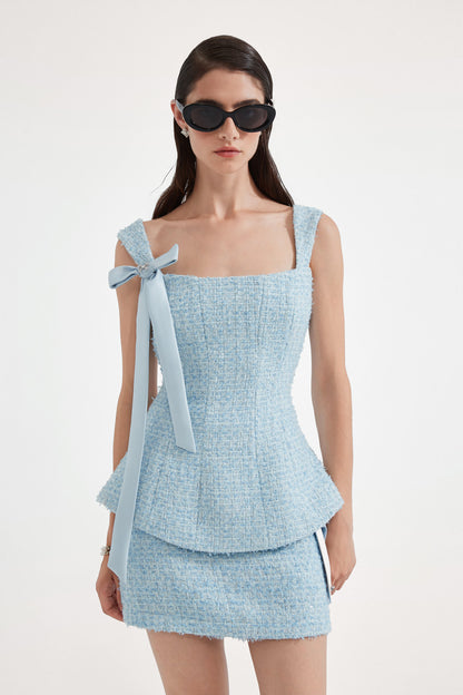 Kingwen Bow ribbon sleeveless top + skirt set