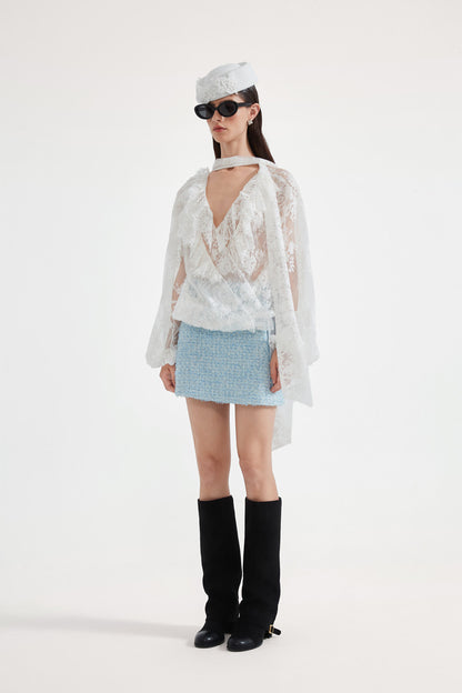 Kingwen Lace ribbon shirt + skirt set
