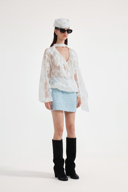 Kingwen Lace ribbon shirt + skirt set
