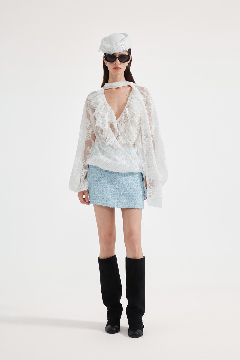 Kingwen Lace ribbon shirt + skirt set