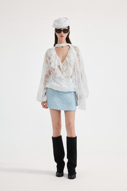 Kingwen Lace ribbon shirt + skirt set