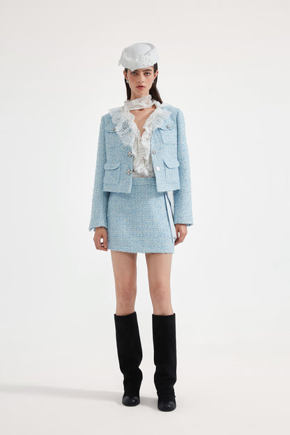 Kingwen Blue tweed short jacket + skirt set