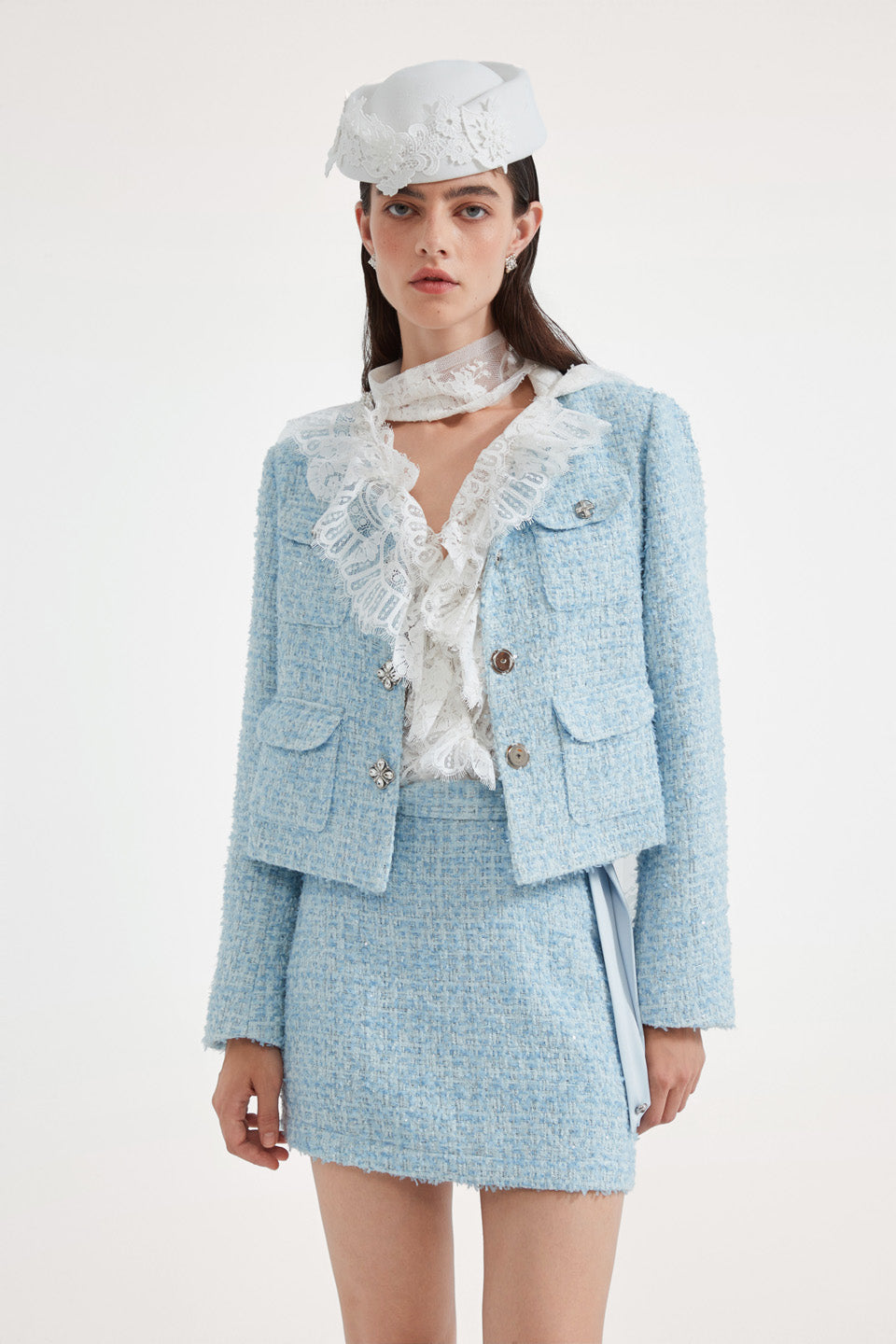 Kingwen Blue tweed short jacket + skirt set