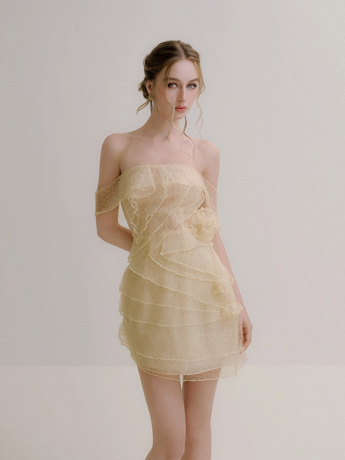 XY Bymyxy Cream Lace Ruffle Mini Dress