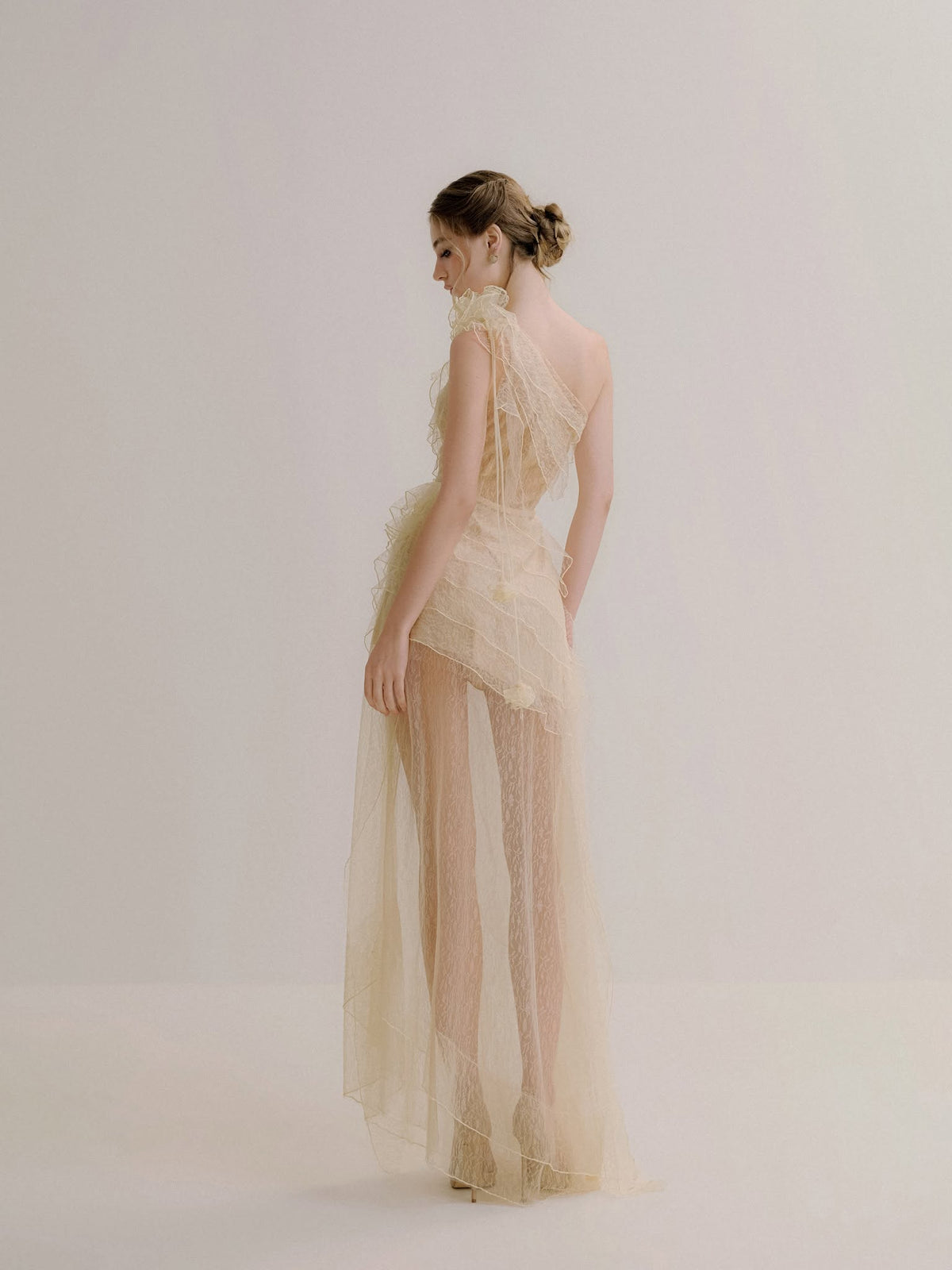 XY Bymyxy Cream Lace Ruffle Long Dress