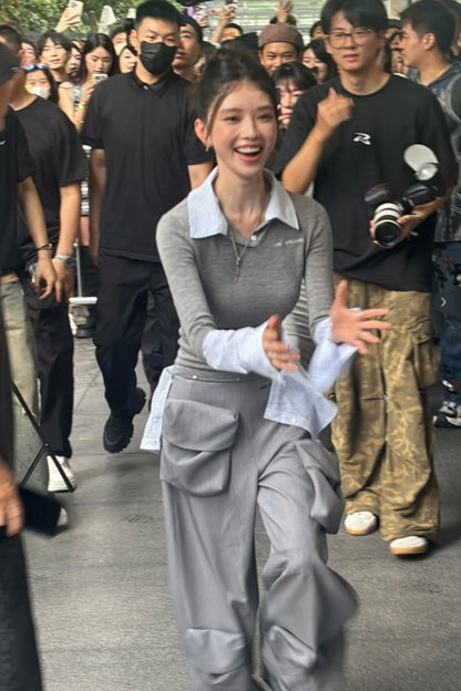 ANN ANDELMAN [Star Style] Splicing shirt fake two-piece pullover sweater