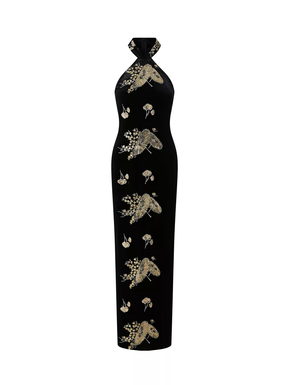 FIND YA WINGS Velvet Halter Beaded Cheongsam