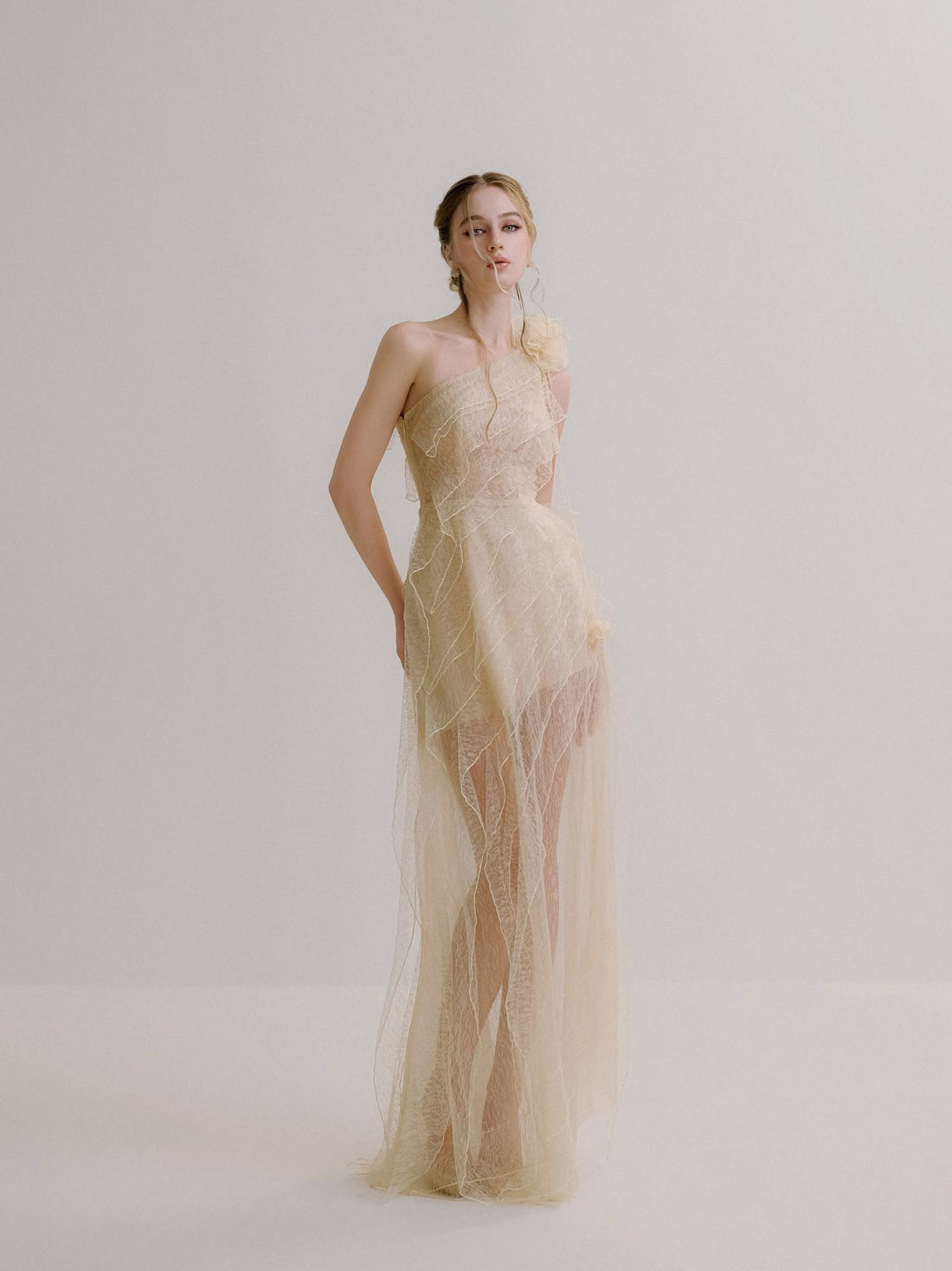 XY Bymyxy Cream Lace Ruffle Long Dress