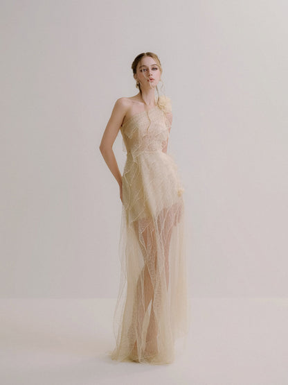 XY Bymyxy Cream Lace Ruffle Long Dress