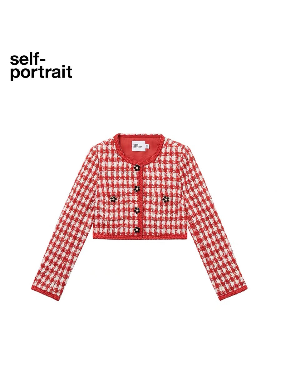 Self-Portrait RED HERRINGBONE EMBELLISHED JACKET