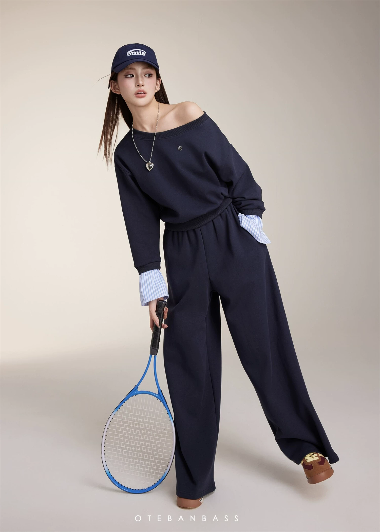 OTEBANBASS Navy Off-Shoulder Sweatshirt Set