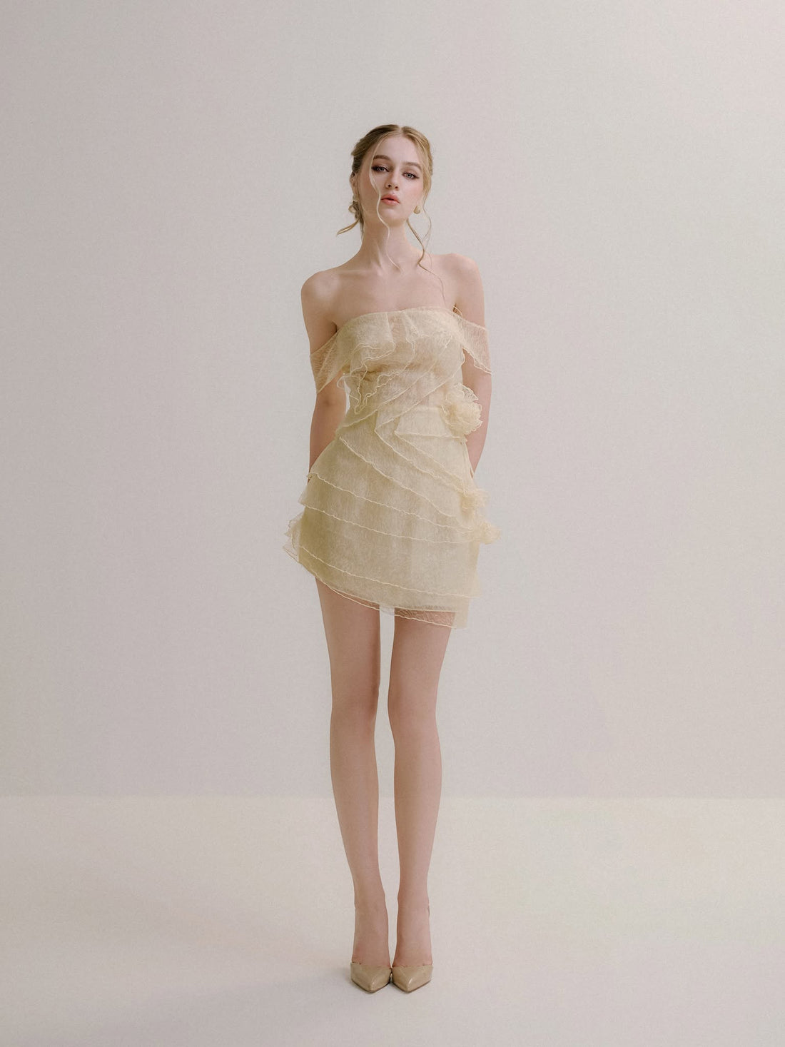 XY Bymyxy Cream Lace Ruffle Mini Dress