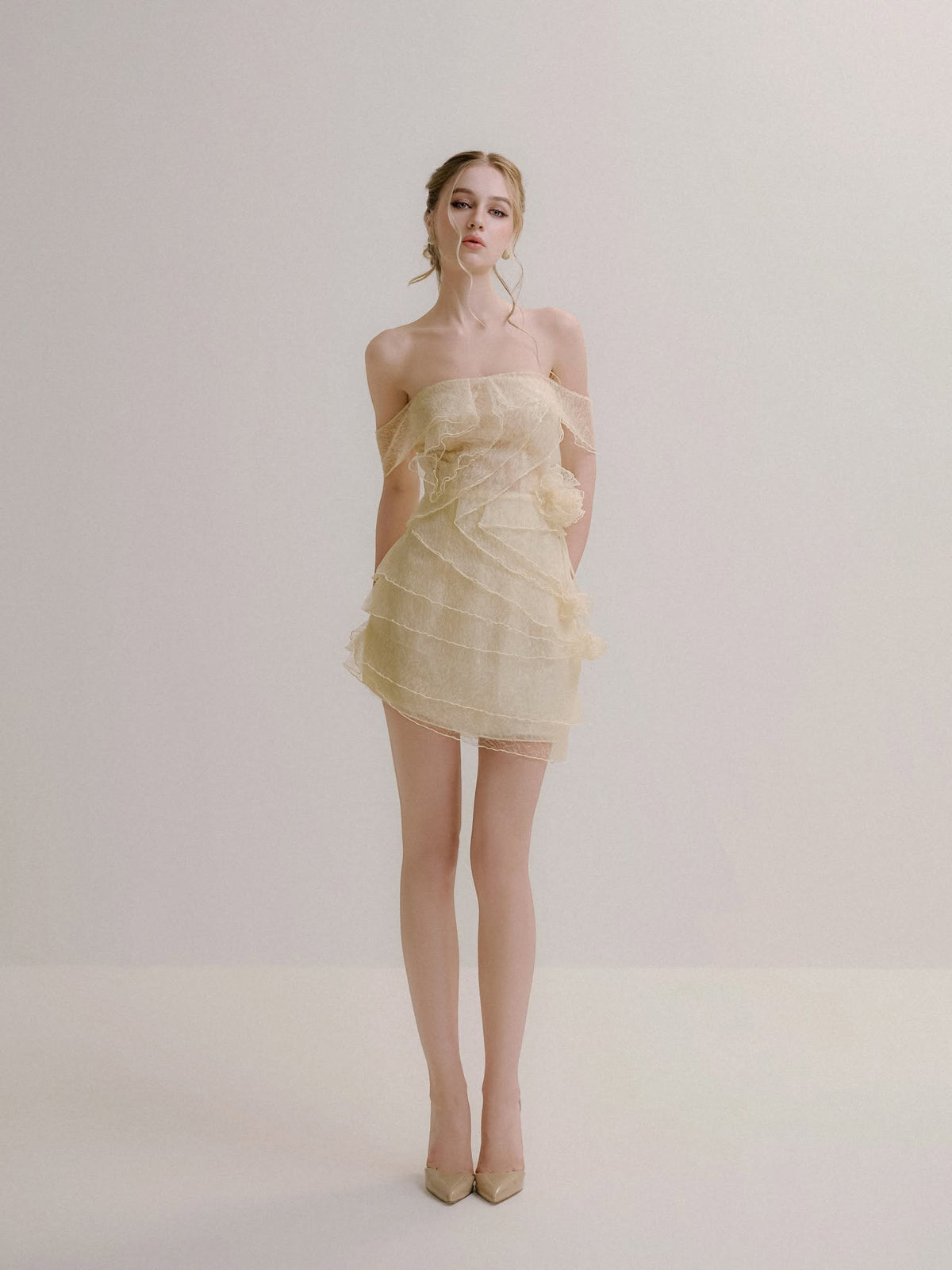 XY Bymyxy Cream Lace Ruffle Mini Dress