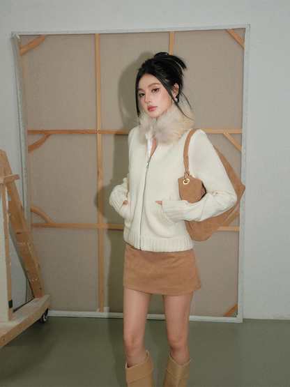 OLIVIA DUO DWT25423 Fur-Collar Top and Belted Brown Culottes Set