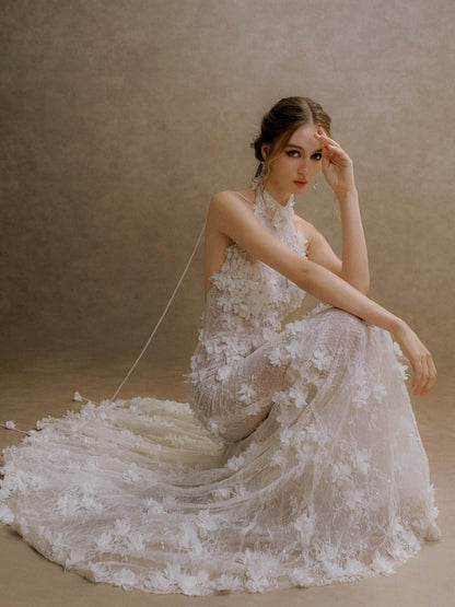 XY Bymyxy White Lace Halter Mermaid Wedding Dress
