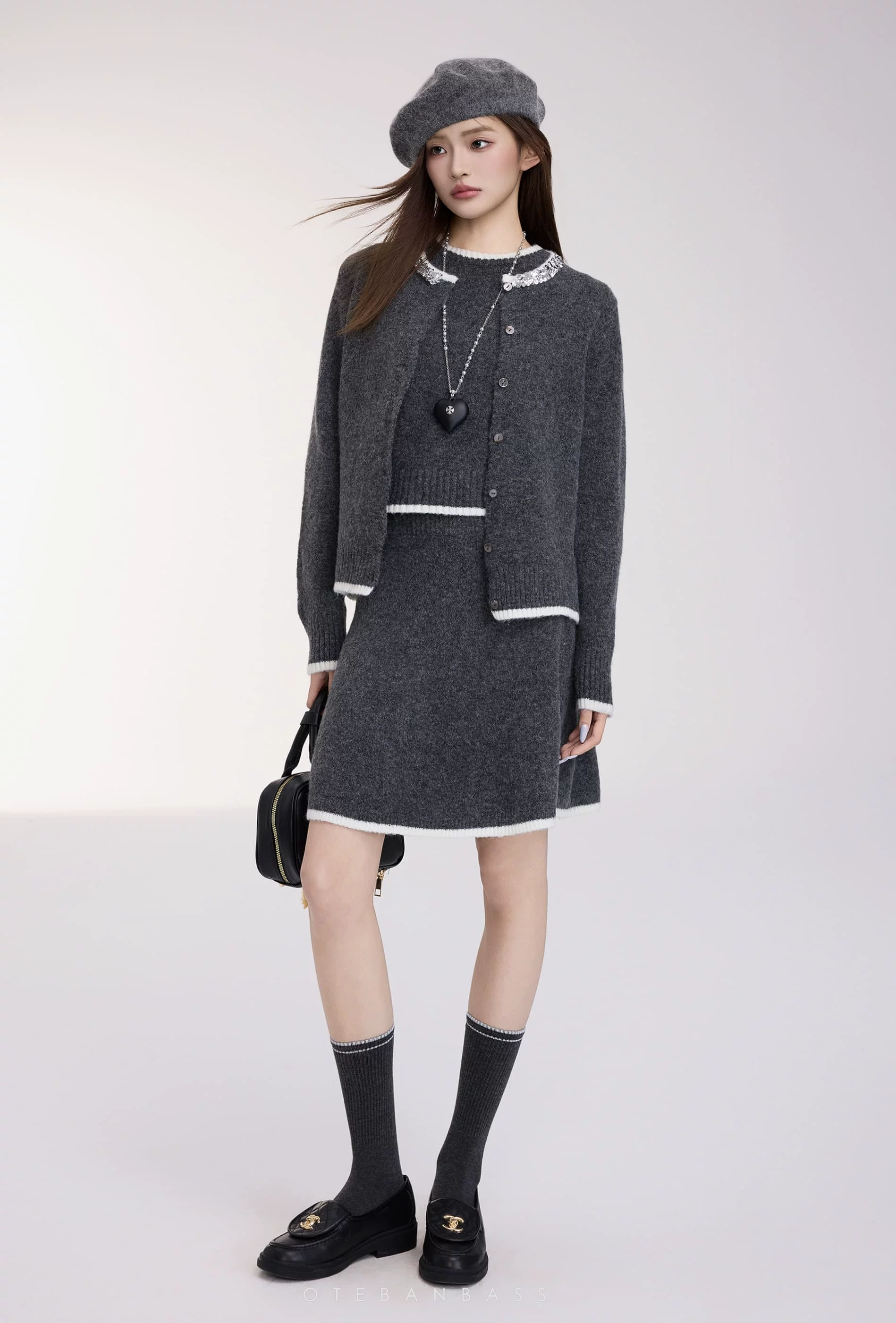 OTEBANBASS Grey Knit Three-Piece Outfit Set