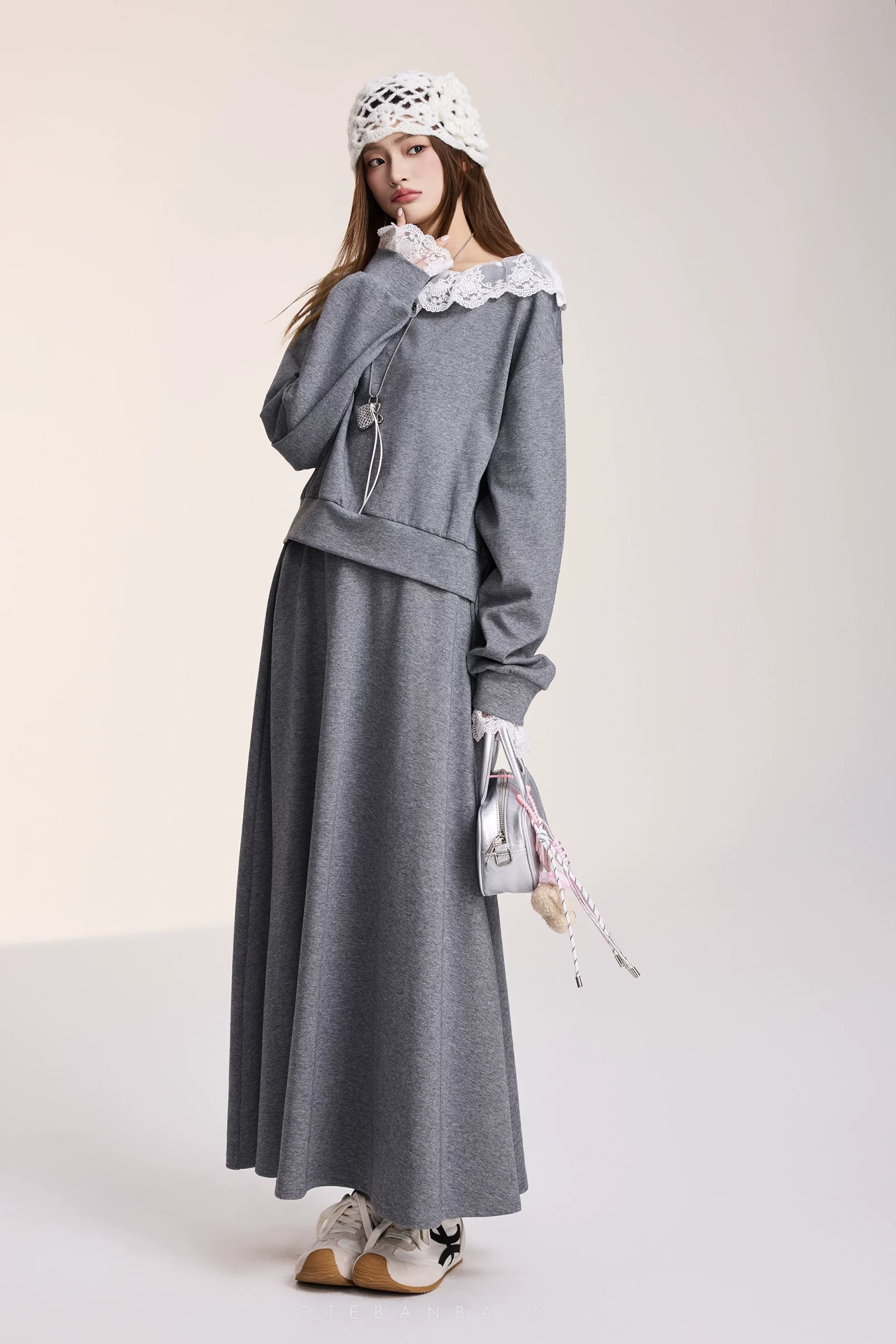OTEBANBASS Grey Lace-Trim Co-ord Skirt Set
