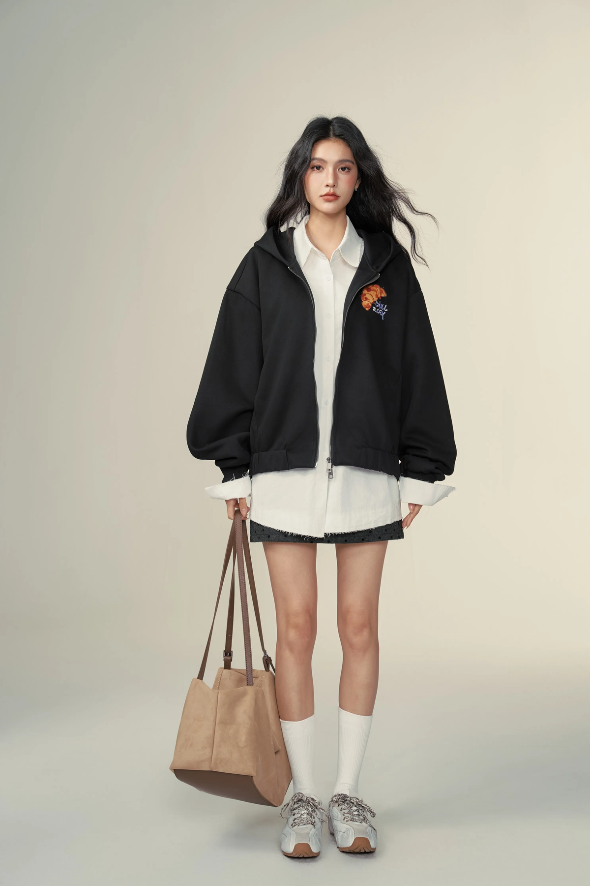 Chill Zoey Croissant mock-layered hoodie jacket