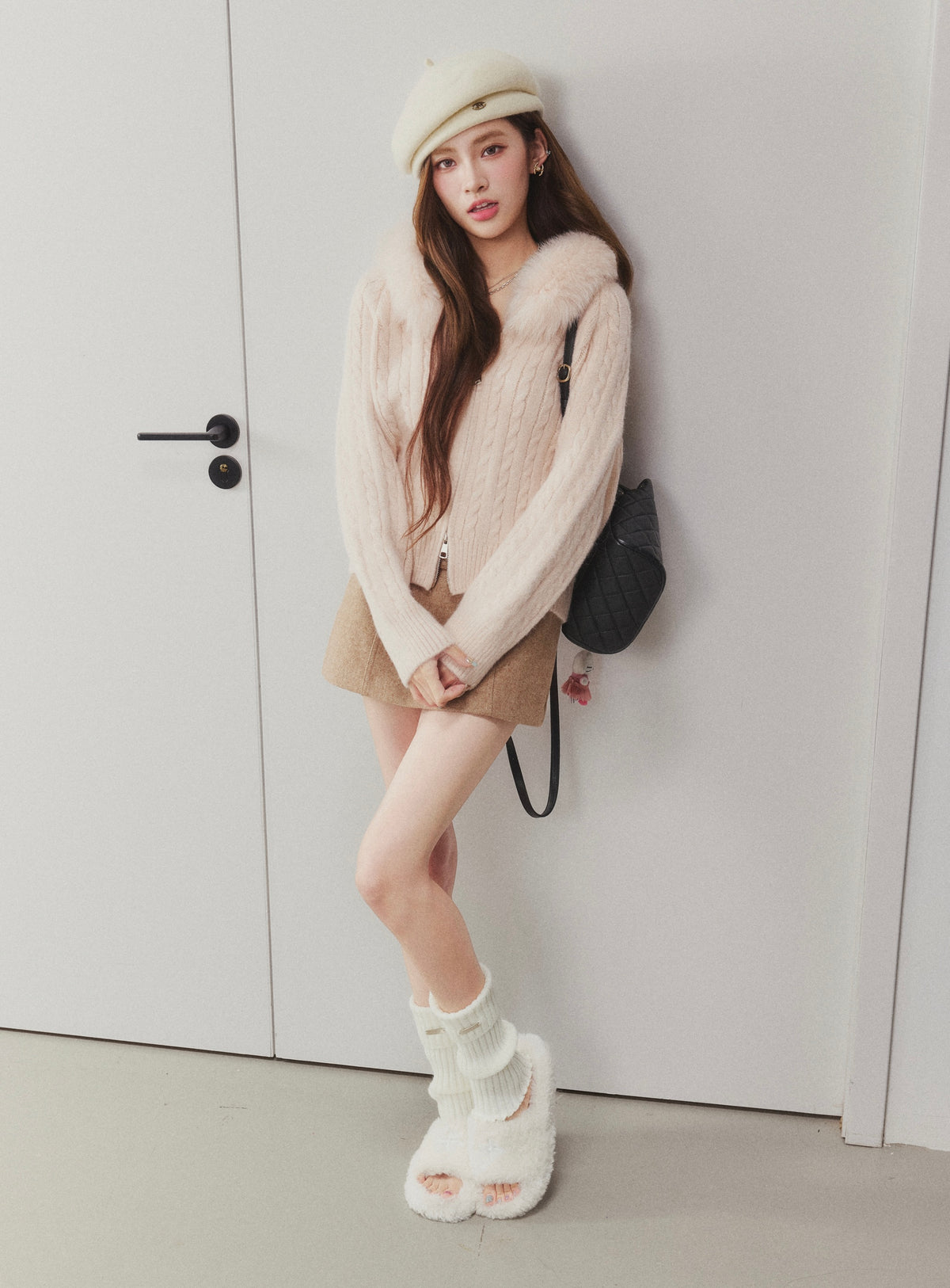 OTEBANBASS Ote260908 Fox Fur Hooded Cable Knit Cardigan