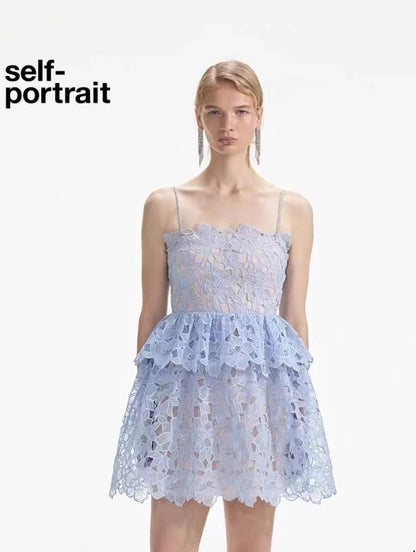 Self-Portrait BLUE ORGANZA LACE MINI DRESS