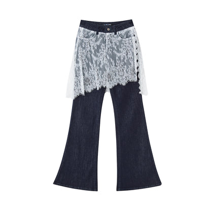 SOMESOWE S2508252 Fake two piece lace micro flared jeans